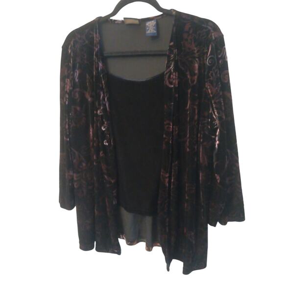 Womens Black Velvet Cardigan Tank Duet Top Laura Scott Floral Size L 14-16 - Picture 7 of 9